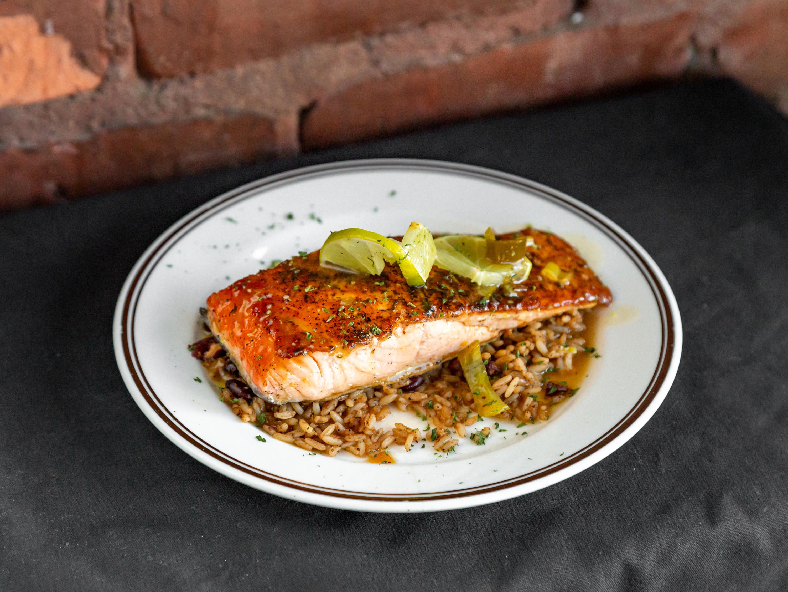 Order Baked Salmon with Honey Ginger Sauce food online from Sweet Potatoes store, New Rochelle on bringmethat.com
