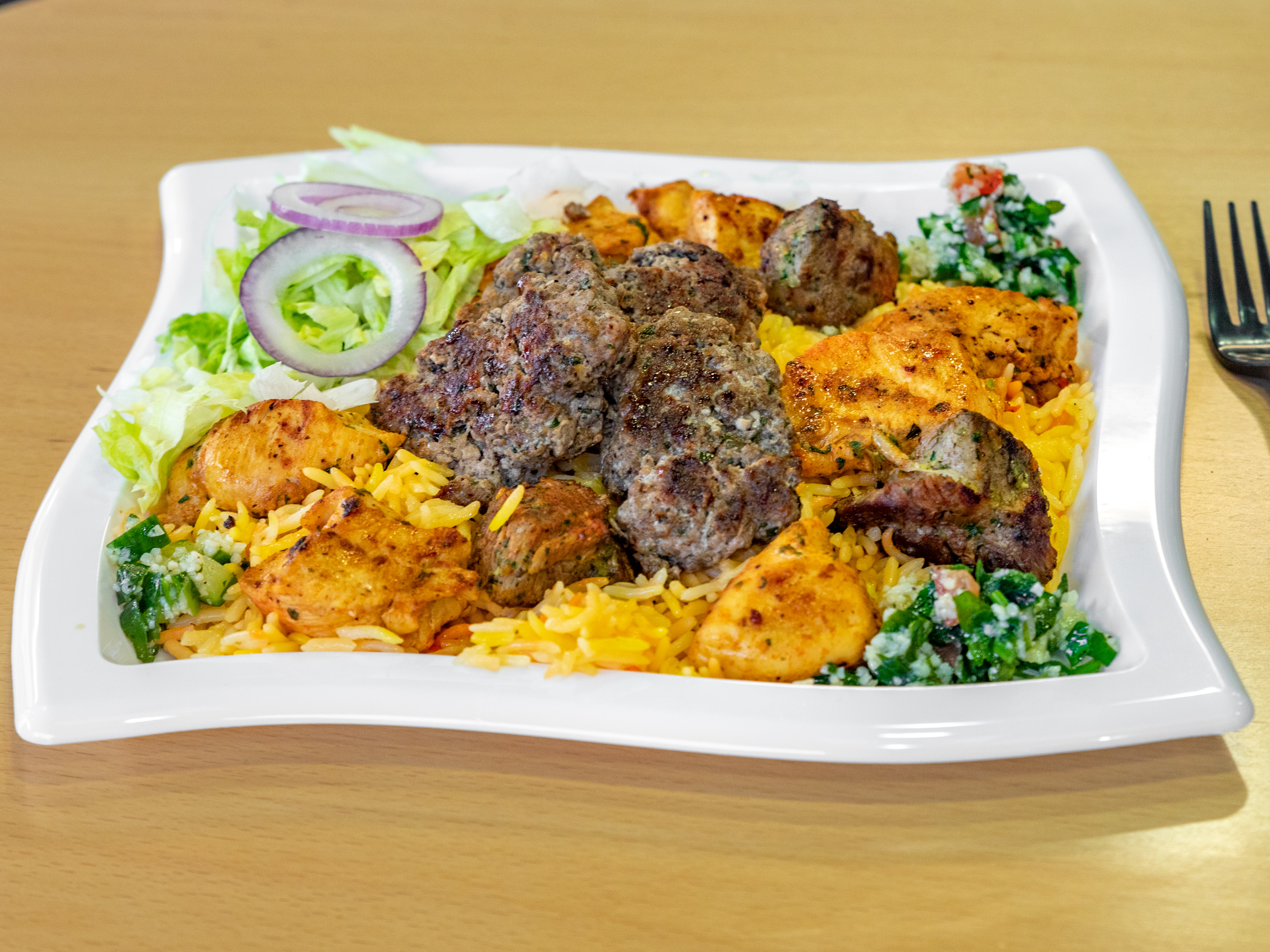 Order Mix Grilled Platter Over Rice food online from The Green Deli store, Waterbury on bringmethat.com