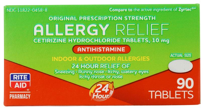 Order Rite Aid Cetirizine 24 Hour Allergy Relief Tablets 10 mg (90 ct) food online from Rite Aid store, BETHEL PARK on bringmethat.com