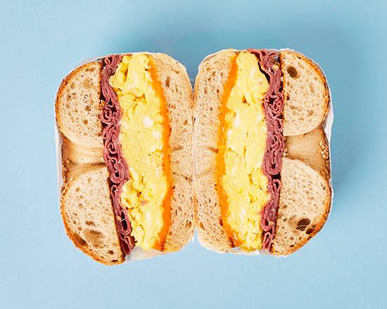 Order Pastrami Egg and Cheese Bagel food online from Brekkie Bagels store, Providence on bringmethat.com