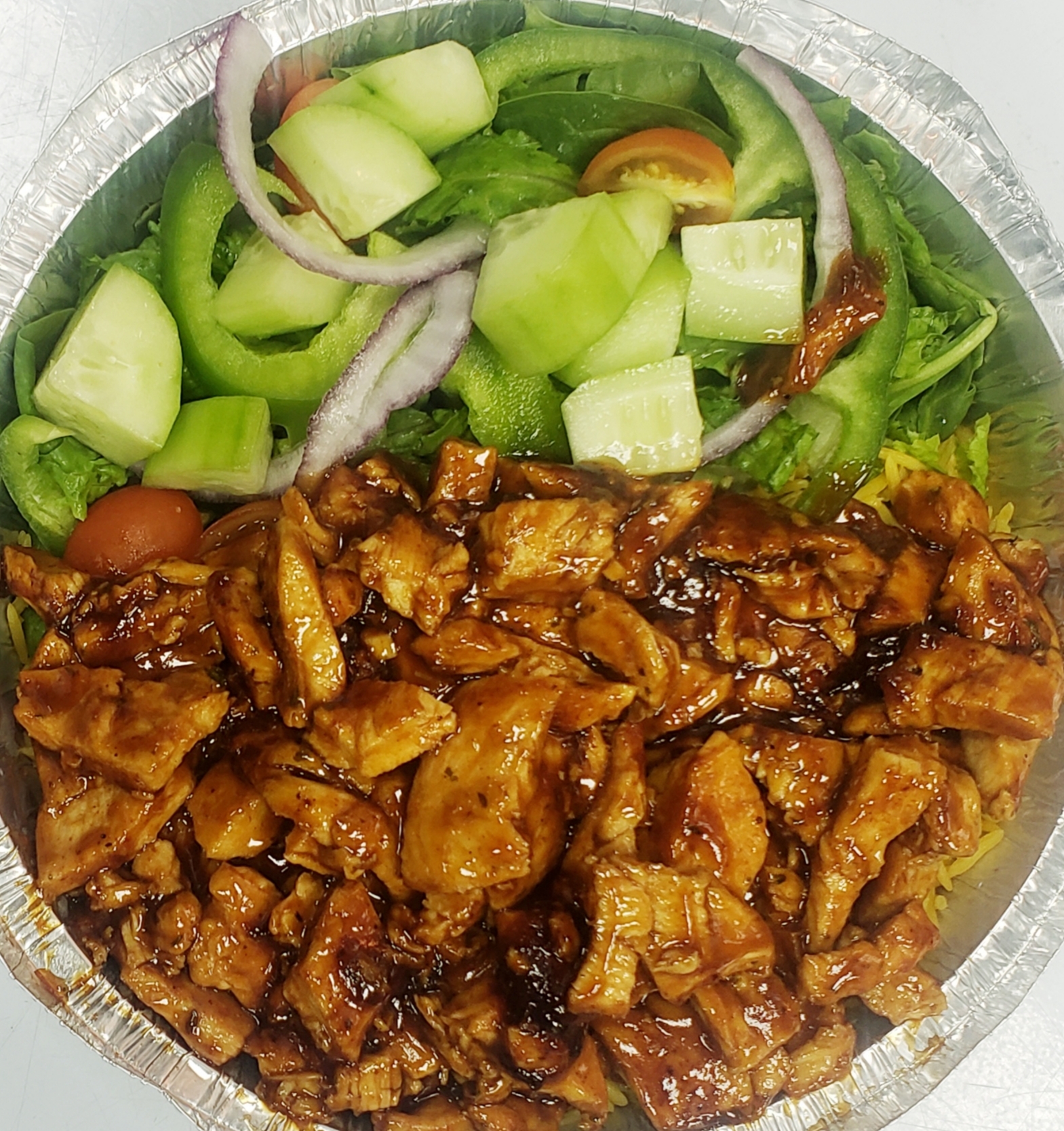 Order Barbecue Grilled Chicken Rice and Salad food online from Krazy Pizza And Wings store, Brooklyn on bringmethat.com