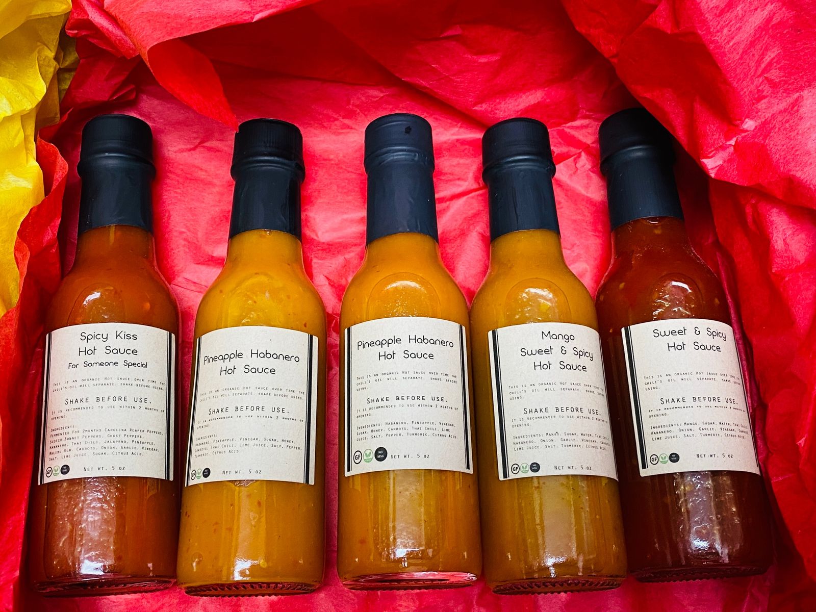 Order Gift Set - 5 Bottles of Hot Sauces food online from Pinto Urban Thai Diner store, Richardson on bringmethat.com