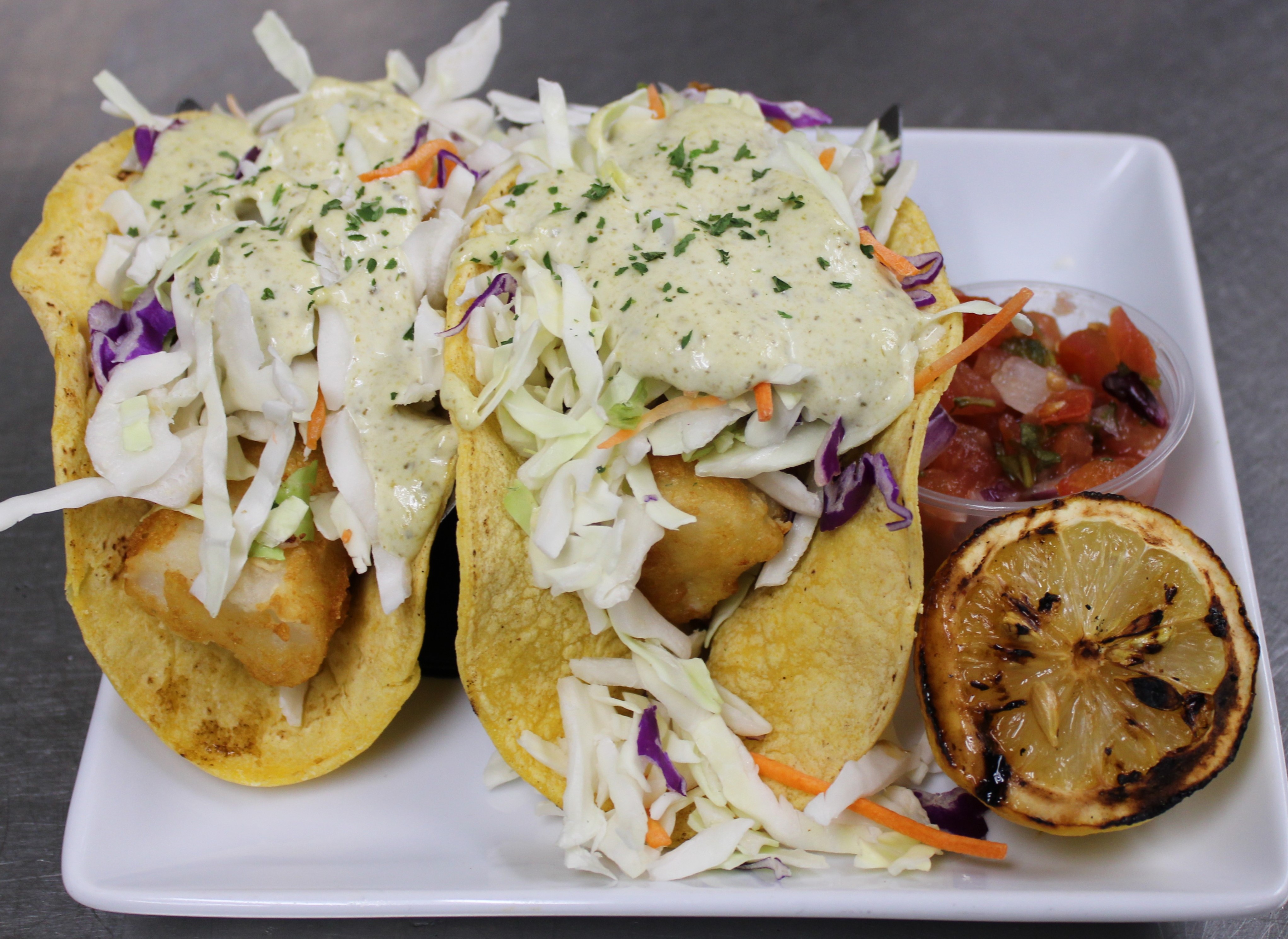 Order Fish Tacos food online from High Park Tap House store, Mission Viejo on bringmethat.com