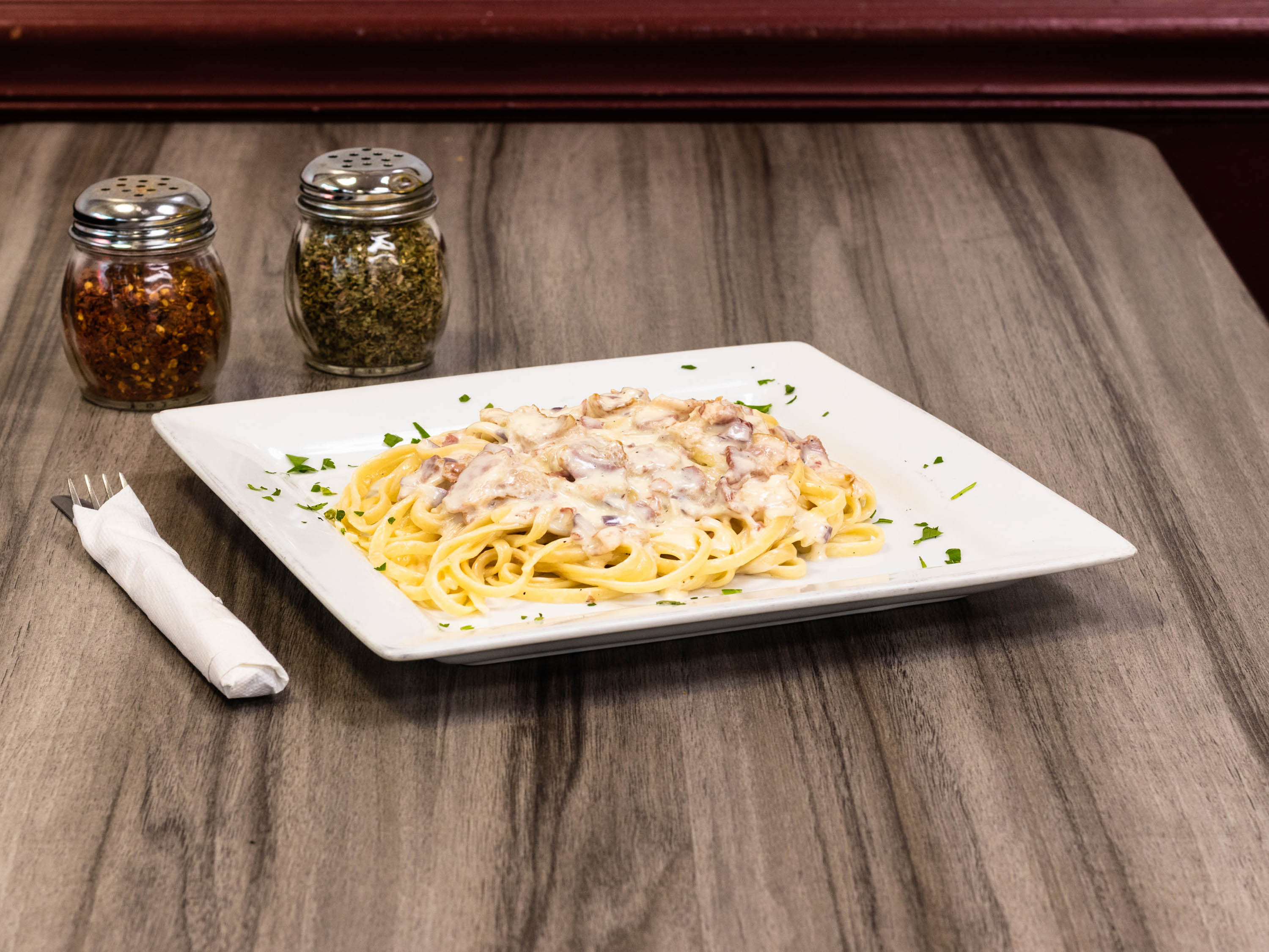 Order Pasta with Carbonara Sauce food online from Calabria Pizza store, Shrub Oak on bringmethat.com