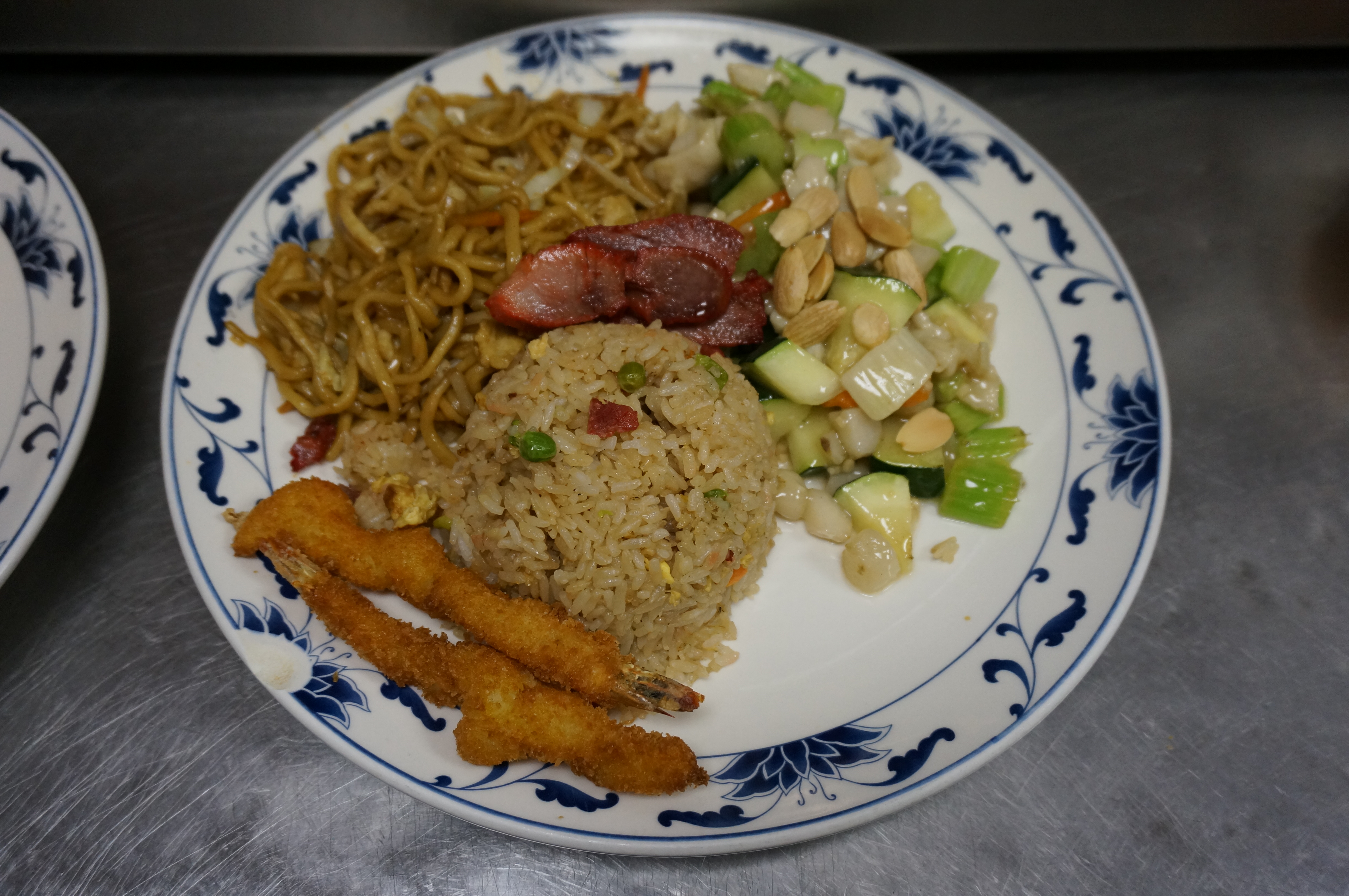 Order C5. Pork Fried Rice, Chicken Chow Mein, Almond Chicken, 2 Pieces Fried Prawns and BBQ Pork Combo Plate food online from Mayflower Chinese store, Capitola on bringmethat.com