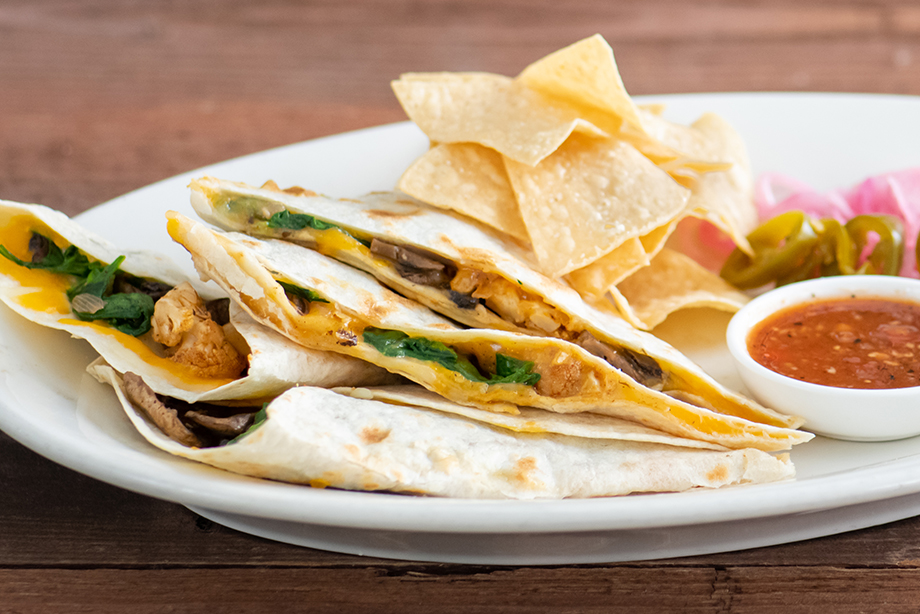 Order Spinach, Mushroom, and Cauliflower Quesadilla food online from Sharky's Woodfired Mexican Grill - Newport Coast store, Newport Coast on bringmethat.com