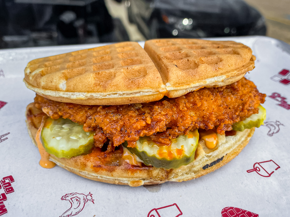 Order Hot Chicken Sandwich (Waffle) food online from The Waffle Bus store, Houston on bringmethat.com