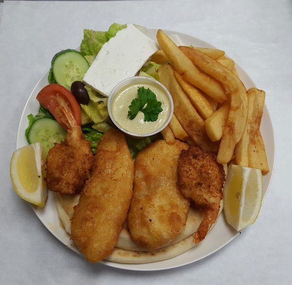 Order 12. Fish and Shrimp Plate food online from The Greek Cafe store, San Diego on bringmethat.com