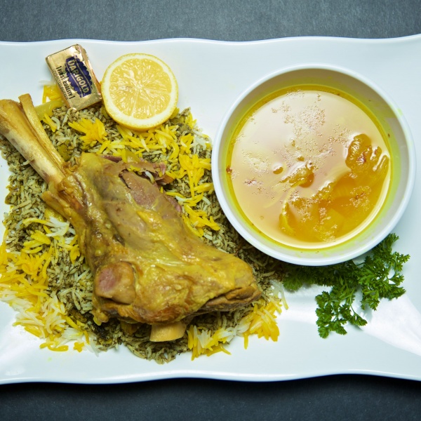 Order Baghali Polo Lamb Shank Plate food online from North Park Produce Bakery & Grill store, Poway on bringmethat.com