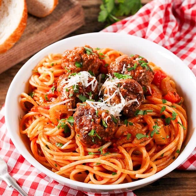 Order 11. Spaghetti with Meatballs - Pasta food online from Bells Pizza Company store, Bellflower on bringmethat.com