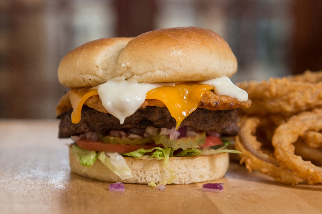 Order THE CHICKEN FRIED BACON & EGG BURGER food online from Tycoon Flats store, San Antonio on bringmethat.com