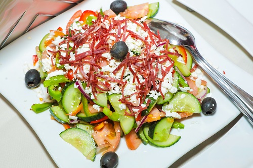 Order Greek Vegetable Salad with Feta Cheese and Basturma food online from Cafe Gourmand store, Staten Island on bringmethat.com