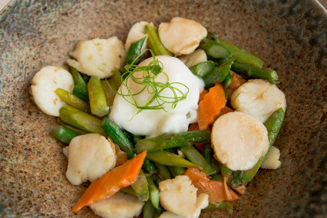 Order X.O. Sauce Scallops with Poached Egg food online from Fuji store, Quincy on bringmethat.com