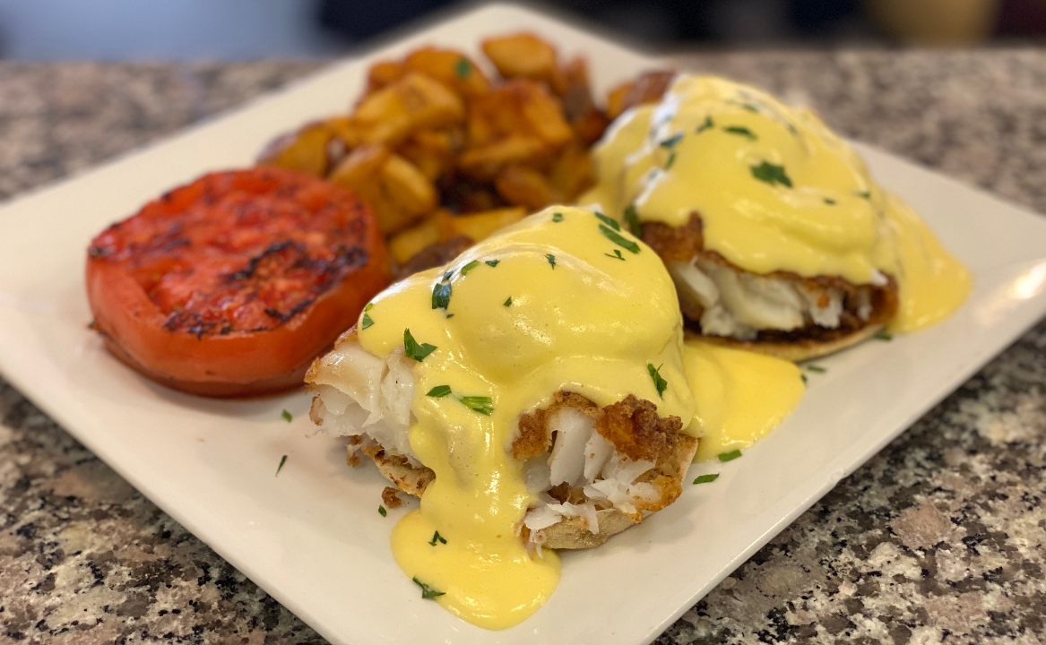 Order FRIED COD EGGS BENEDICT food online from Meeting Street Cafe store, Providence on bringmethat.com