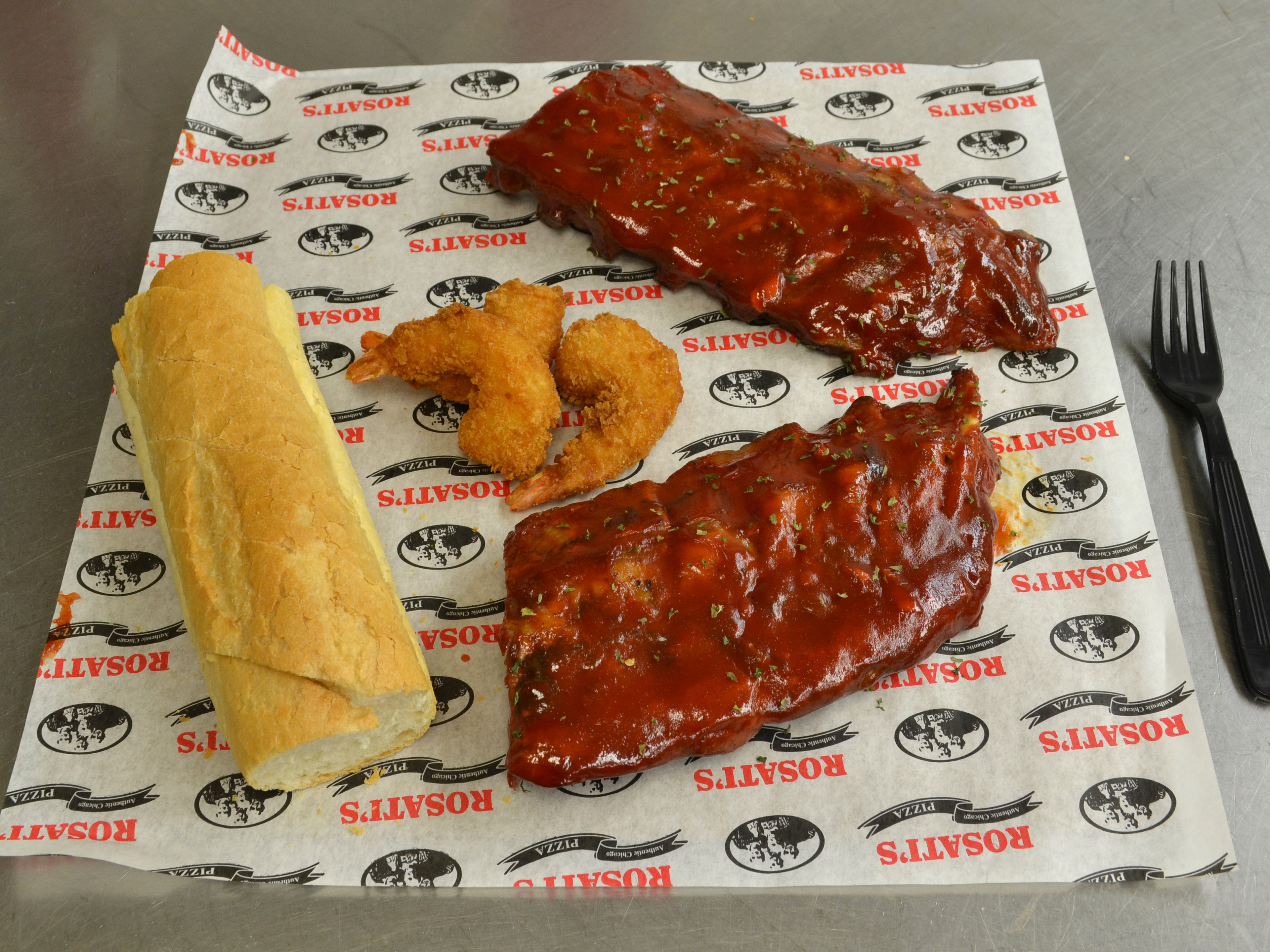 Order 6 Shrimp and 1/2 Slab of Ribs Combo food online from Rosati's Pizza store, Wheaton on bringmethat.com