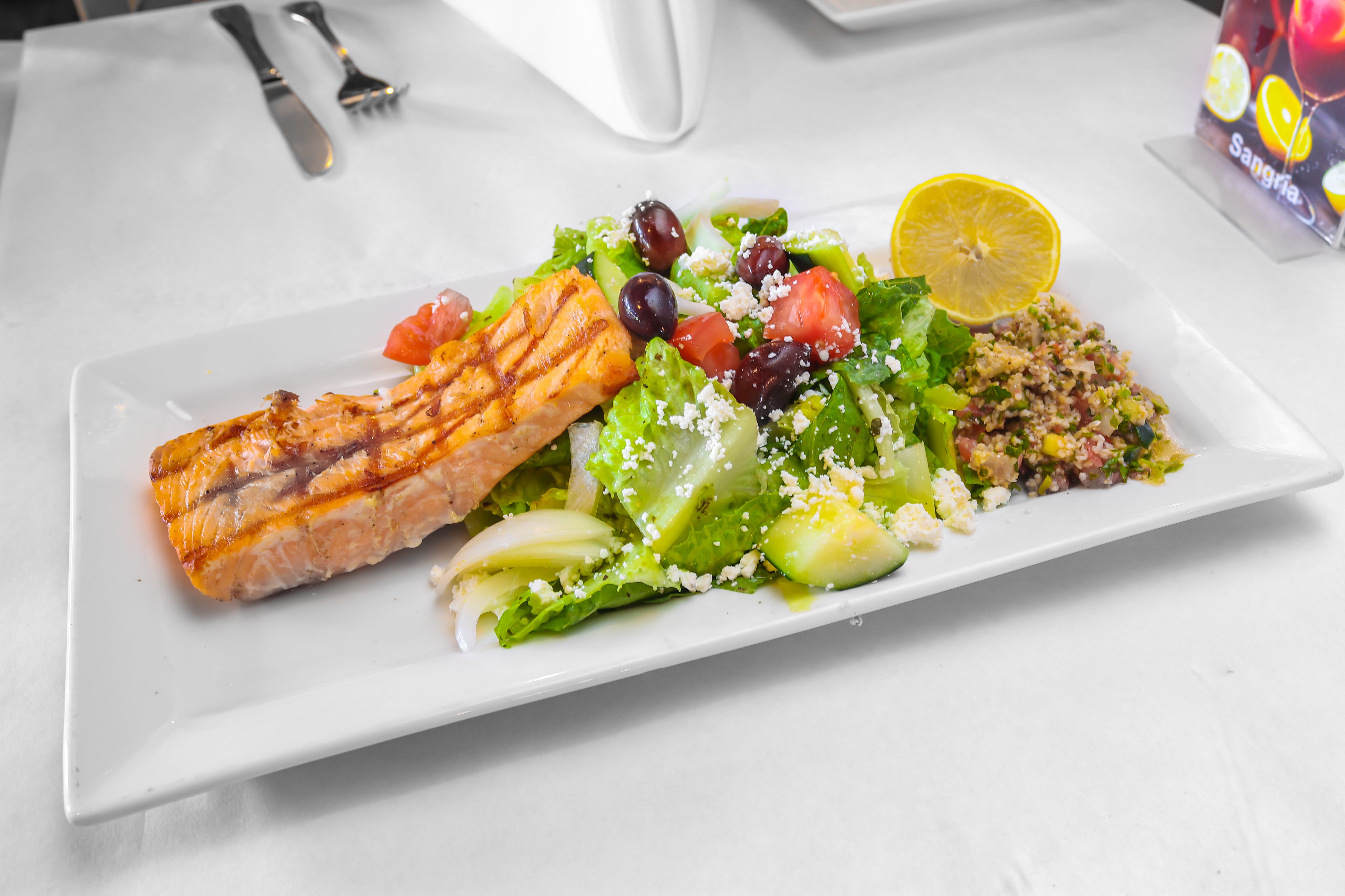 Order Grilled Salmon - Entree food online from Santorini Restaurant store, Danville on bringmethat.com