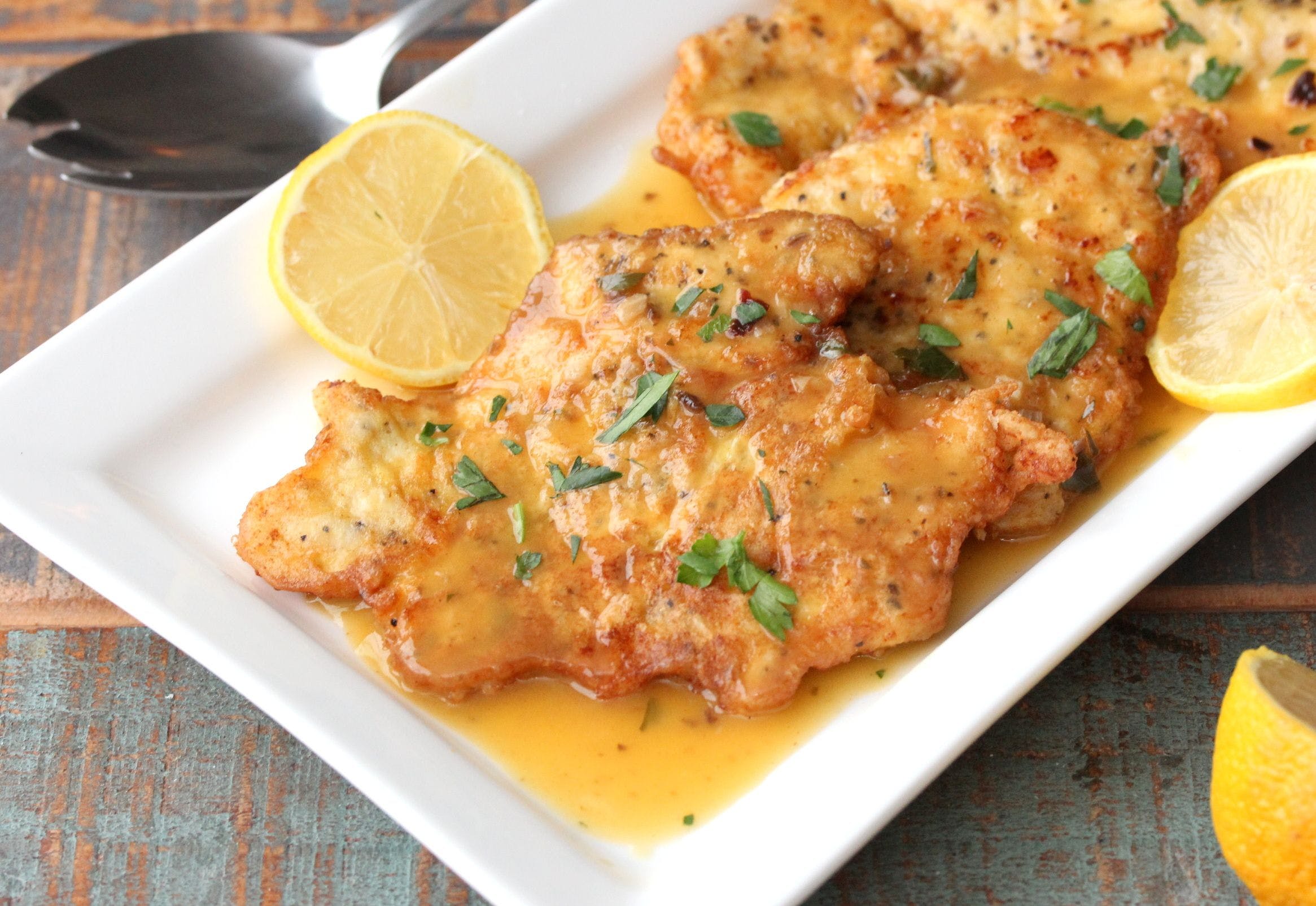 Order Chicken Francese - Entree food online from Flames Woodfire Pizza store, Elmsford on bringmethat.com