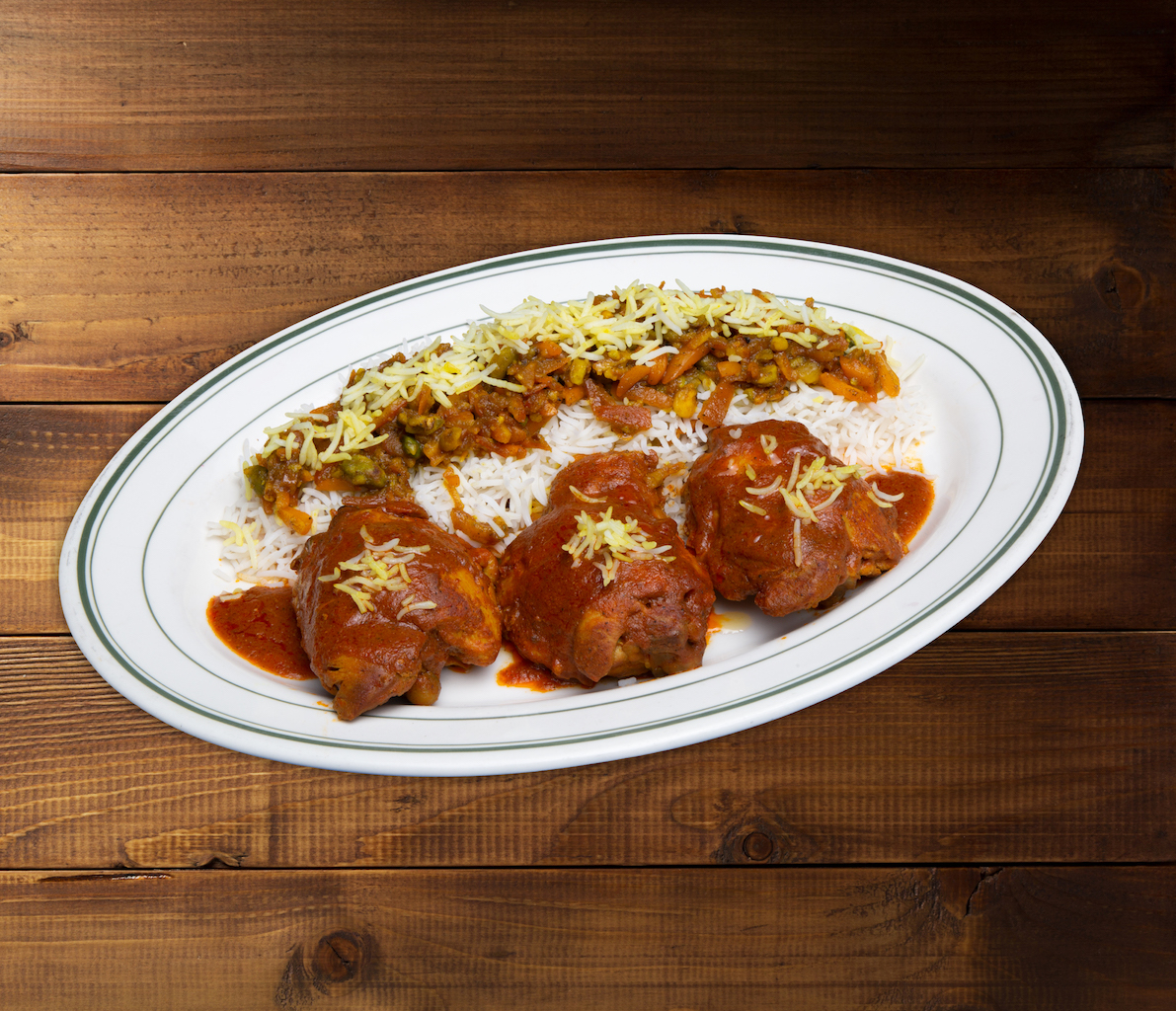 Order 70. Shirin Polo with Chicken - شیرین پلو بامرغ food online from Negeen Restaurant store, Campbell on bringmethat.com