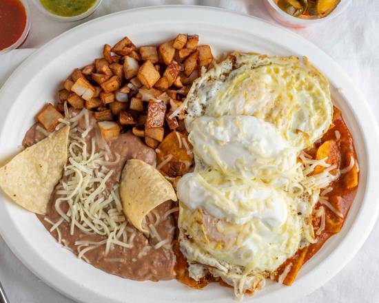 Order Chilaquiles W/Egg, Beans & Potatoes food online from Mastertaco store, Surprise on bringmethat.com
