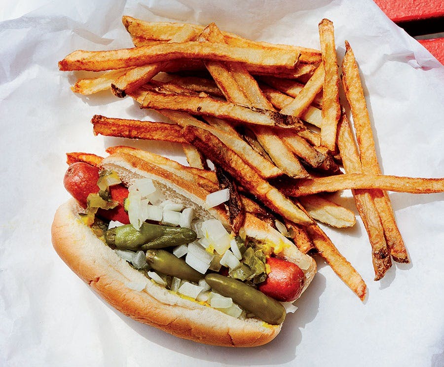 Order Garden Hot Dog with Fries - Hot Dog food online from Positanos Pizza store, Chicago on bringmethat.com