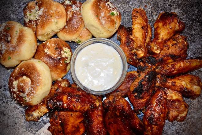 Order 16 Wings, 6 Garlic Knots, 2 Dips food online from The Roasted Wing store, Pittsburgh on bringmethat.com