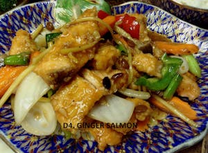 Order D4. Ginger Salmon food online from Bua Thai Restaurant store, Old Orchard Beach on bringmethat.com