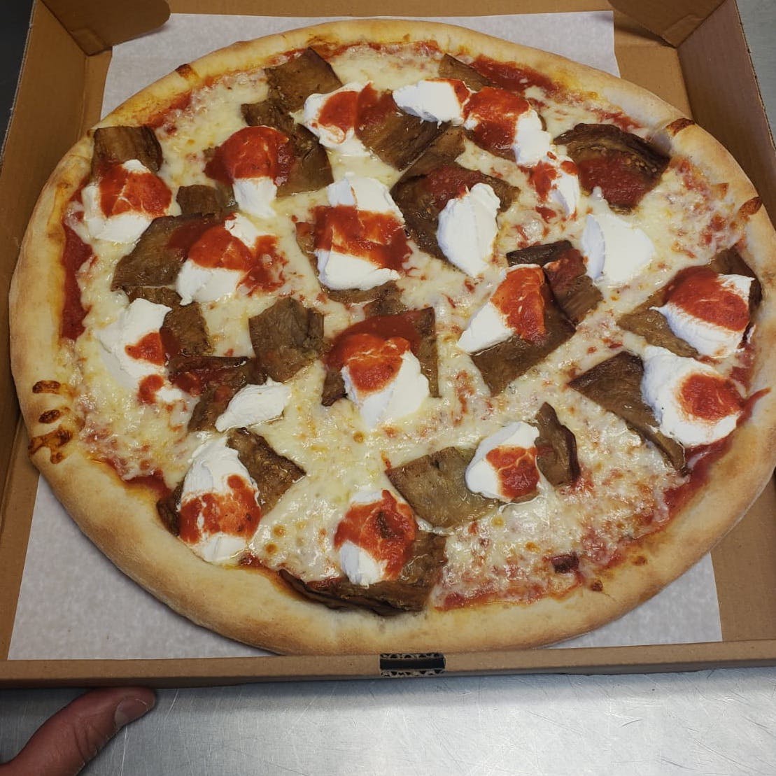 Order Eggplant Pizza - Medium food online from Drake Pizza store, Allentown on bringmethat.com