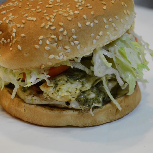 Order Chicken Pesto Burger with Fries food online from Jay's Cheesesteak store, San Francisco on bringmethat.com