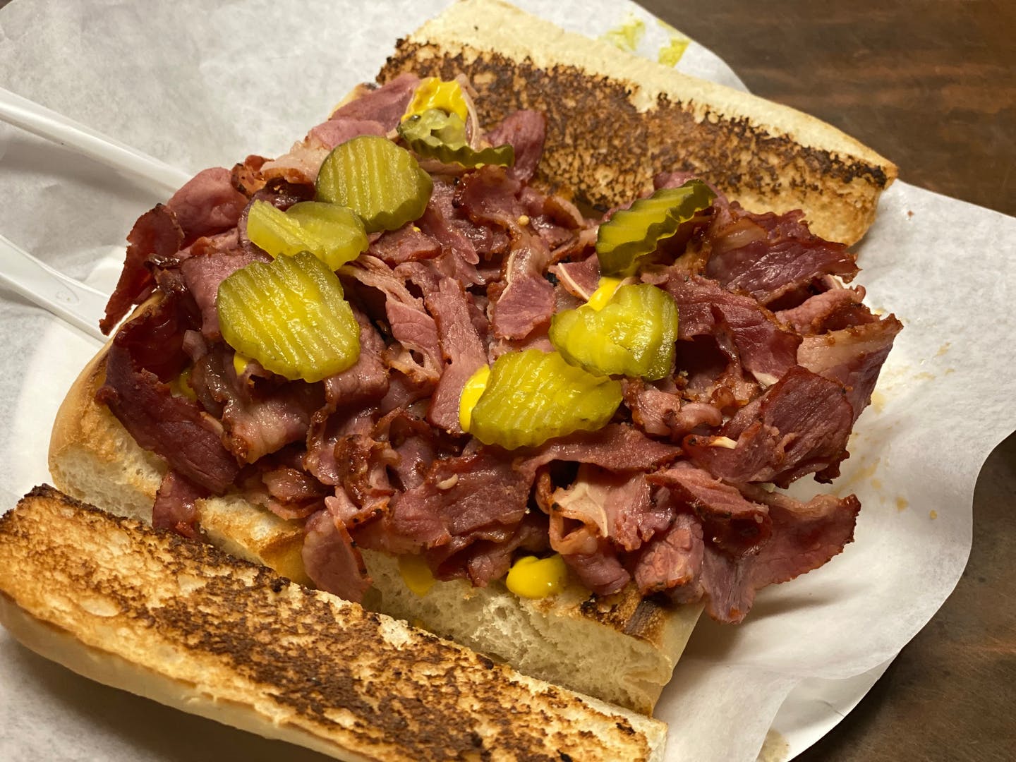 Order Hot Pastrami Sub - Small 6" food online from Gold Pan Pizzeria store, Shingle Springs on bringmethat.com