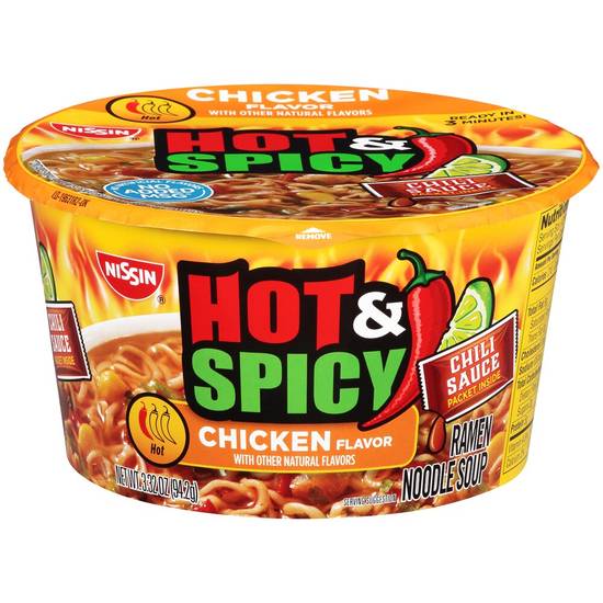 Order Nissin Hot & Spicy Chicken Flavor Ramen Noodle Soup, 3.32 OZ food online from Cvs store, PEARL on bringmethat.com