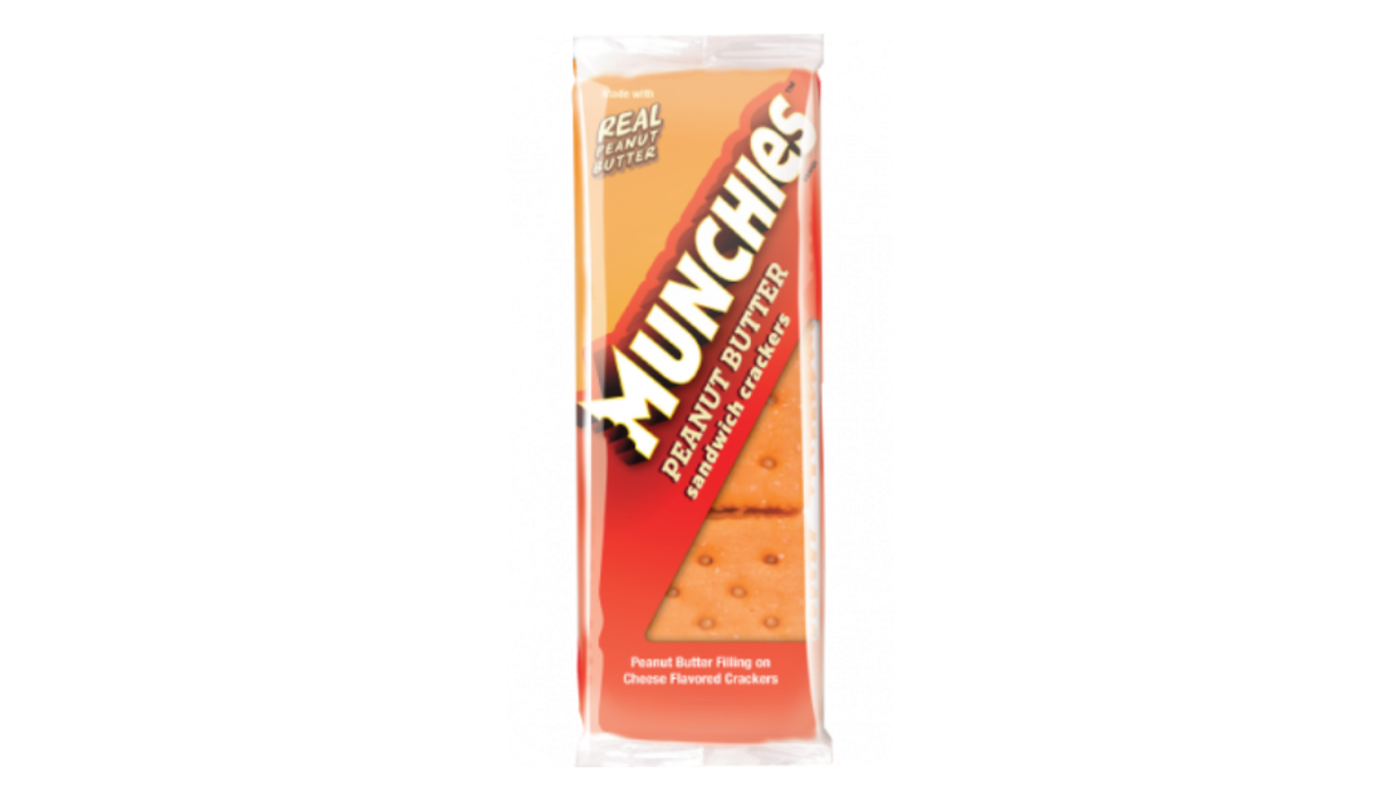 Order Munchies Sandwich Crackers Peanut Butter Filling on Cheese Flavored Crackers 1.42 oz Bag food online from JR Food Mart store, Camarillo on bringmethat.com