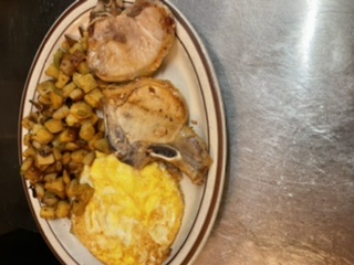 Order 3 Egg and 2 Pork Chops food online from Waffles Breakfast & Lunch store, Salinas on bringmethat.com