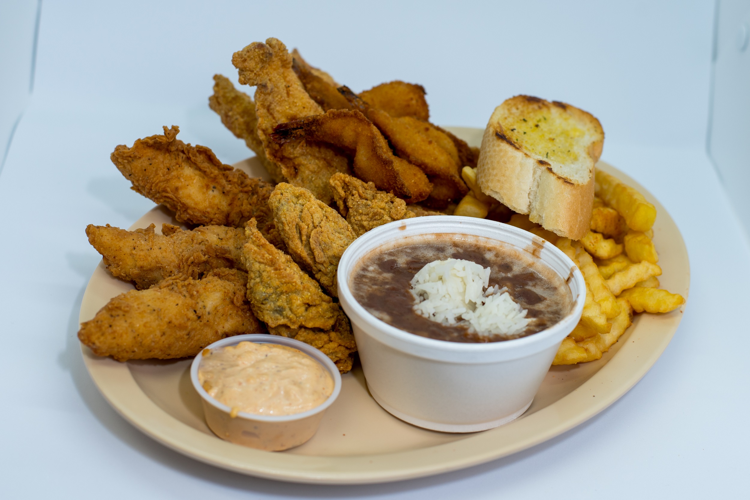 Order 9 Pieces Pick 3 Fried Platter food online from Fish Skillet Seafood store, Houston on bringmethat.com
