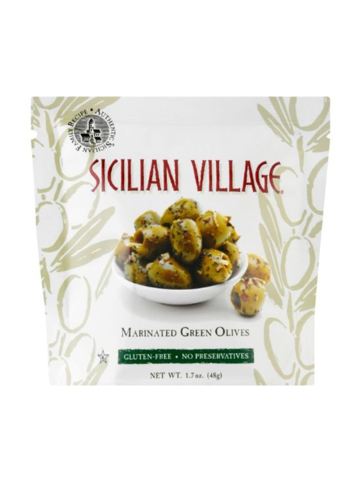 Order Sicilian Village Green Olives Marinated (1.7 oz) food online from Stock-Up Mart store, Marietta on bringmethat.com