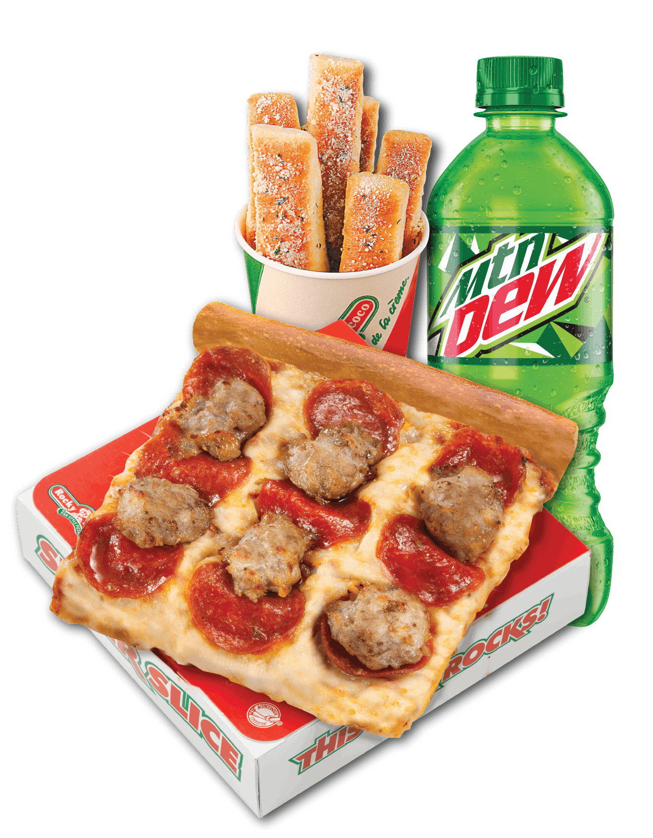 Order #4 Sausage & Pepperoni Pizza Slice, Breadsticks, 20 oz Bottled Drink Combo - Combo food online from Rocky Rococo store, Wausau on bringmethat.com