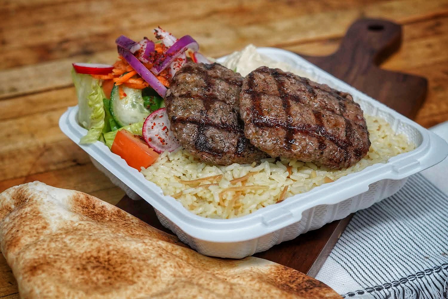 Order Ani's Armenian Burger Dinner plate food online from Ani Takeout store, Belmont on bringmethat.com