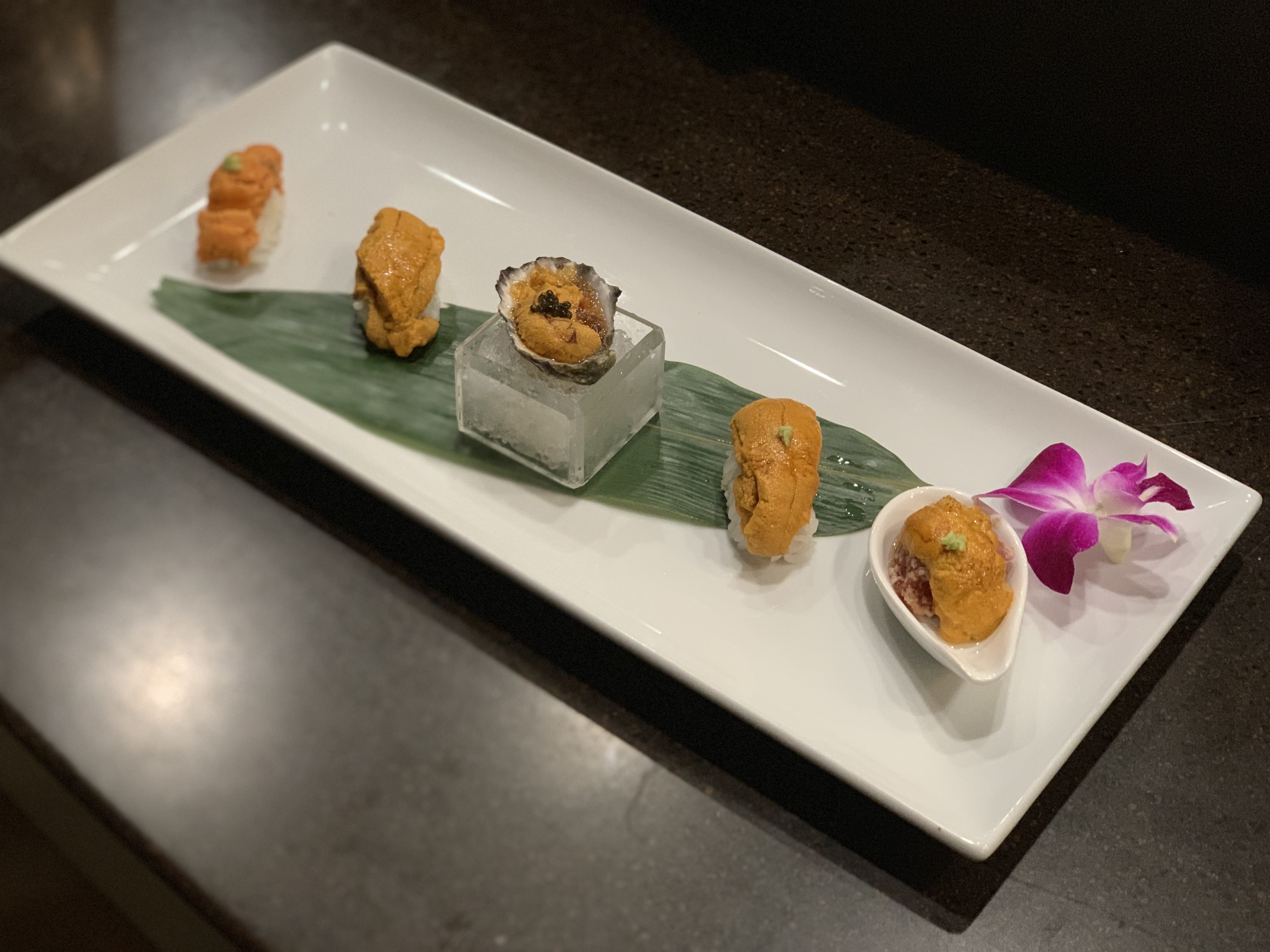 Order 5 Uni Sushi Sampler food online from Kanpai Japanese Sushi Bar &amp; Gril store, Santa Monica on bringmethat.com