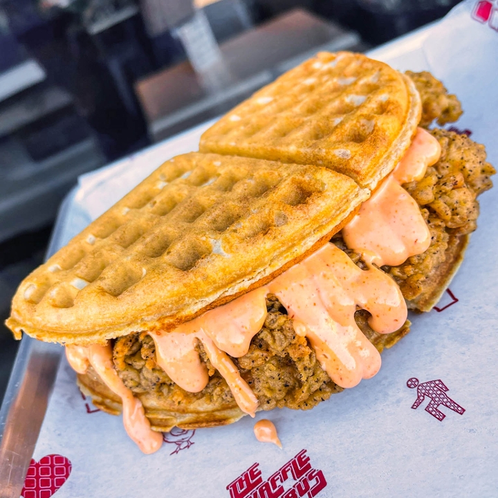 Order Fried Chicken and Waffle Sandwich food online from The Waffle Bus store, Houston on bringmethat.com