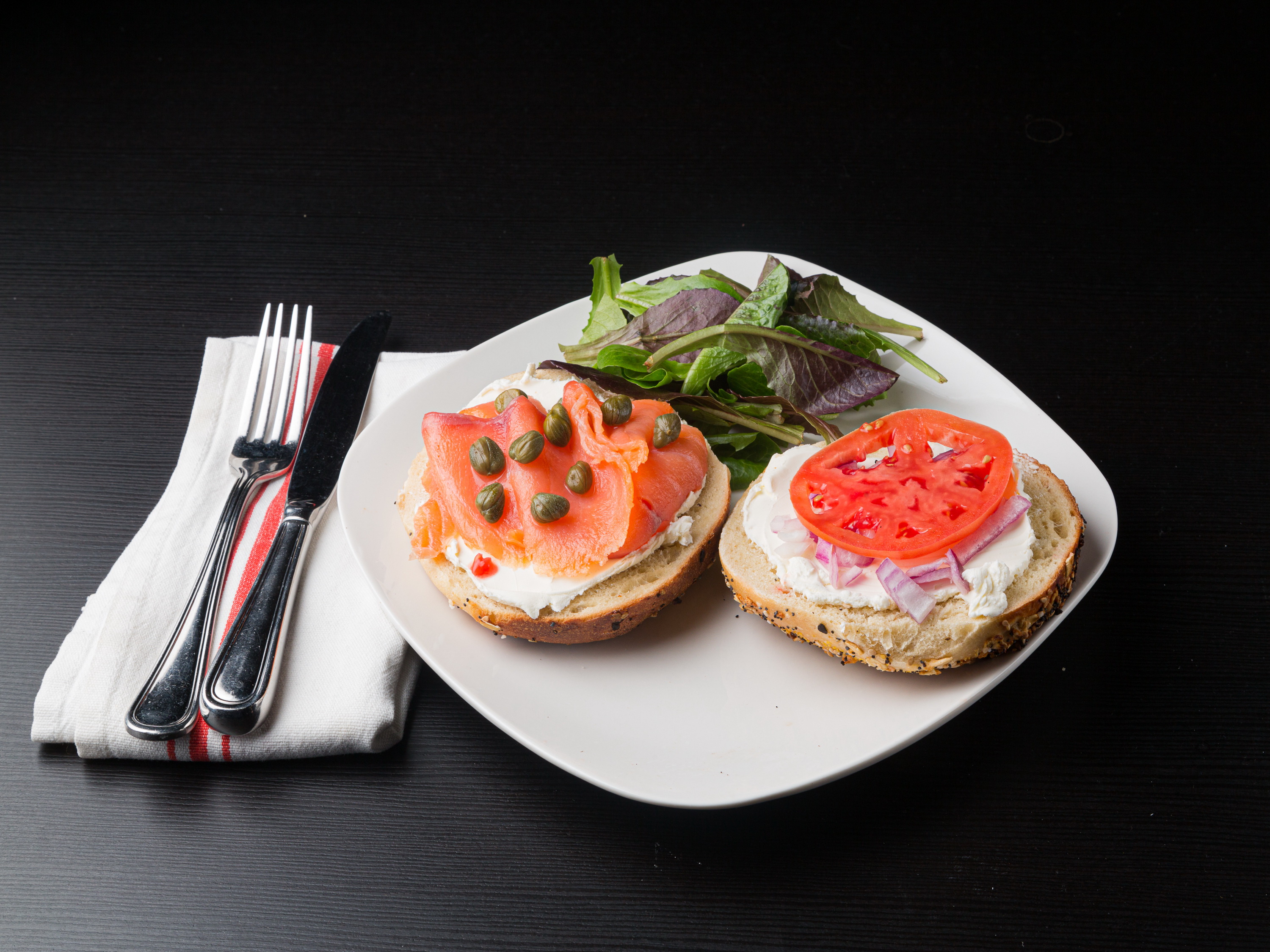 Order Bagel with Lox and Cream Cheese Deluxe food online from Manor Bagels Cafe store, Yonkers on bringmethat.com