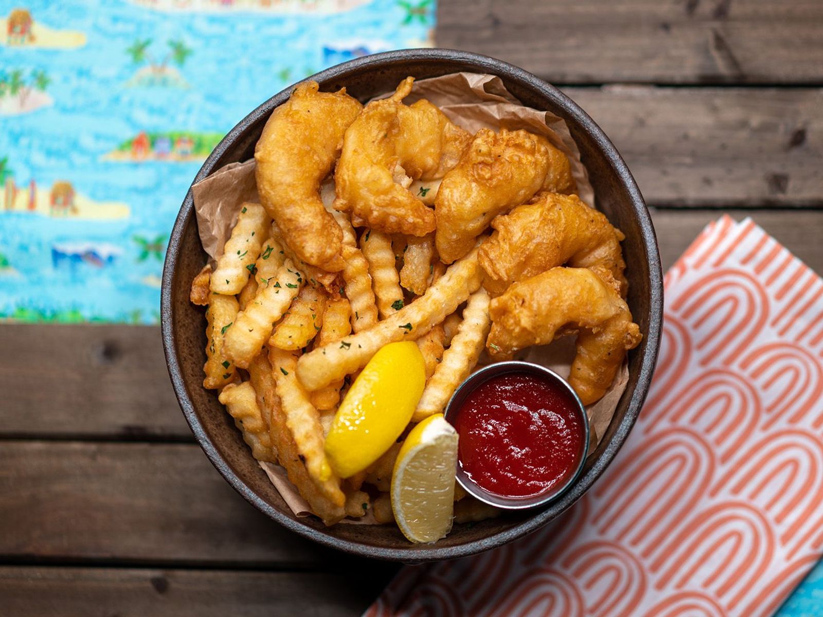 Order Five Jumbo Shrimp + Fries food online from Sunset Beach Fish & Chips store, Burbank on bringmethat.com