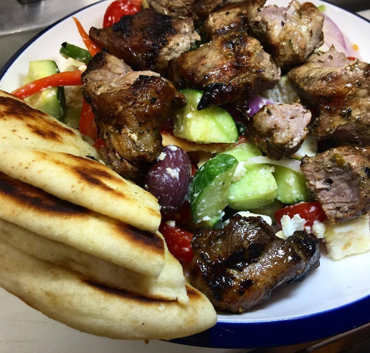 Order Pork Souvlaki Plate food online from Go Greek store, Bohemia on bringmethat.com
