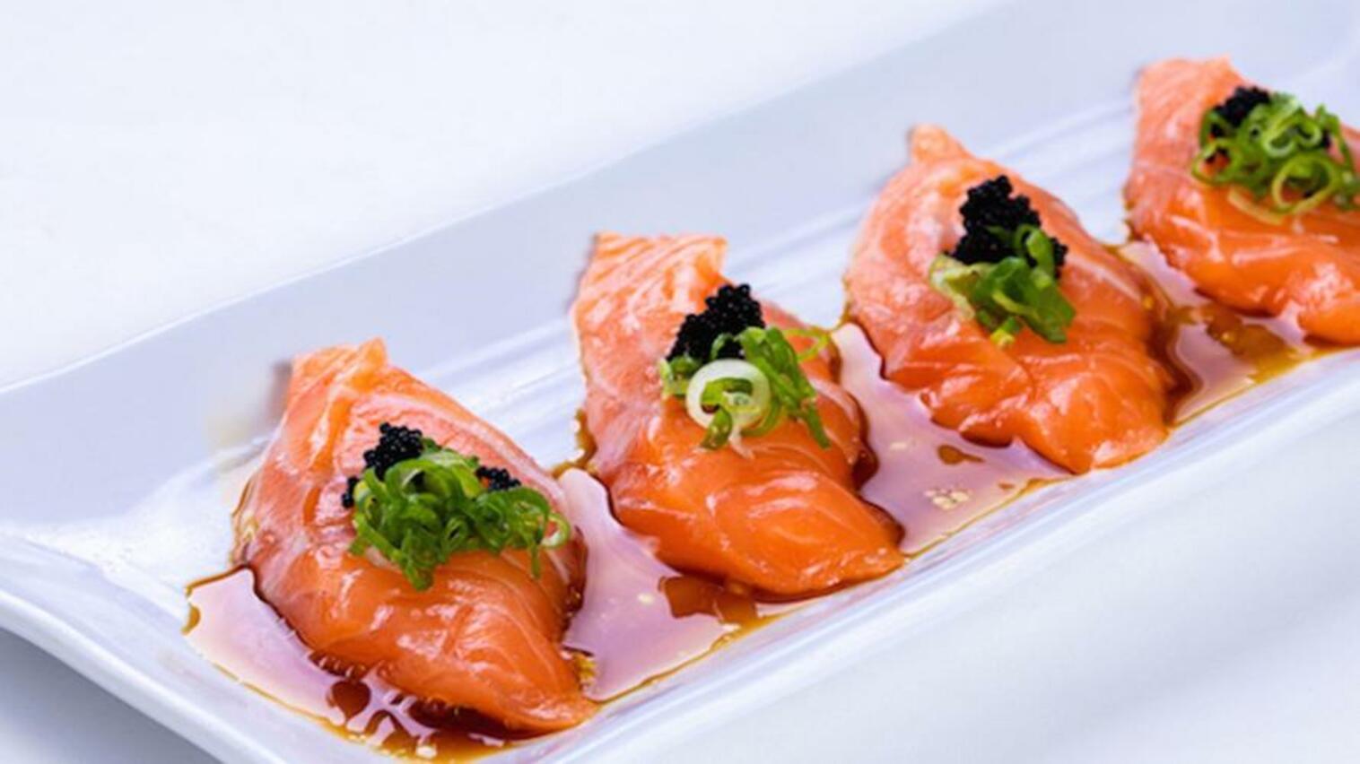 Order (g052) Salmon Truffle Sauce Sashimi food online from Sushi Stop store, Los Angeles on bringmethat.com