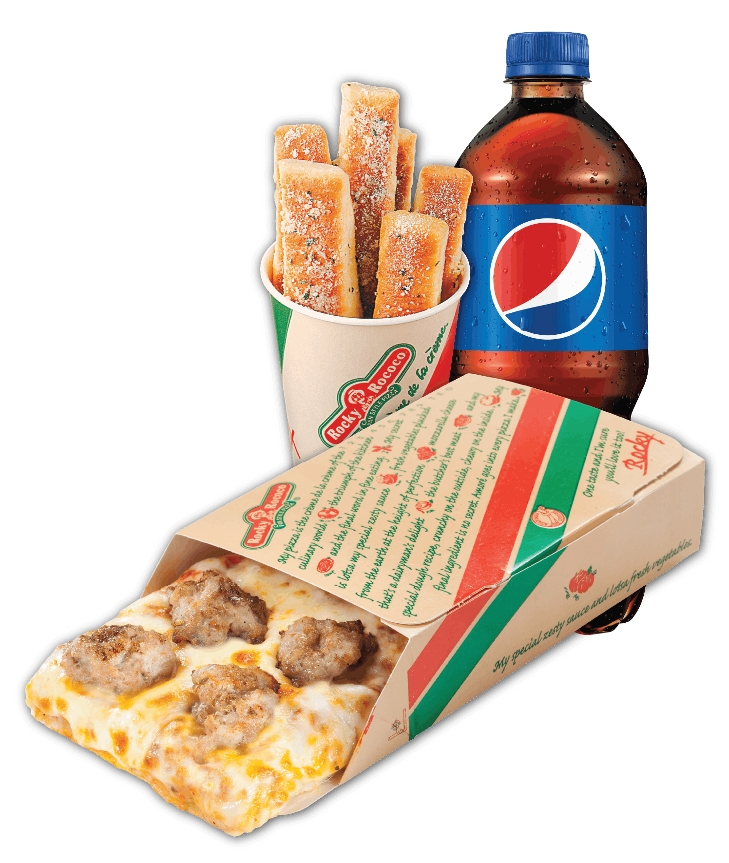 Order #1 Regular Slice, Breadsticks, 20oz Bottled Drink Combo - Combo food online from Rocky Rococo store, Wausau on bringmethat.com