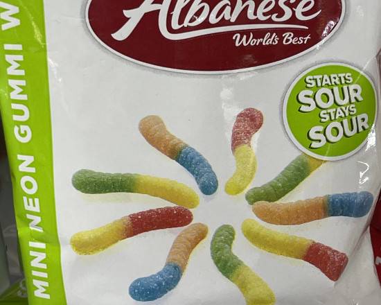 Order Albanese Sour min neon gummy worms 7.oz food online from Happy Food Mart store, Atlanta on bringmethat.com