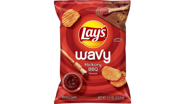 Order Lay's Wavy Potato Chips Barbecue Flavor Bag food online from Star Variety store, Cambridge on bringmethat.com