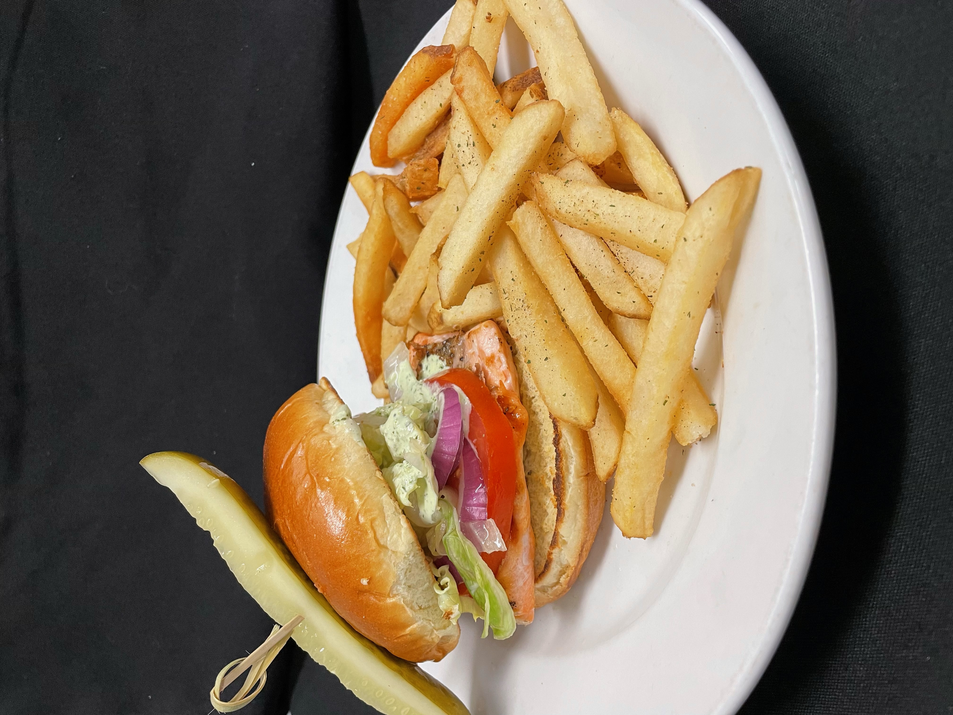 Order Grilled Salmon Sandwich food online from Emmett Brewing Company store, West Dundee on bringmethat.com