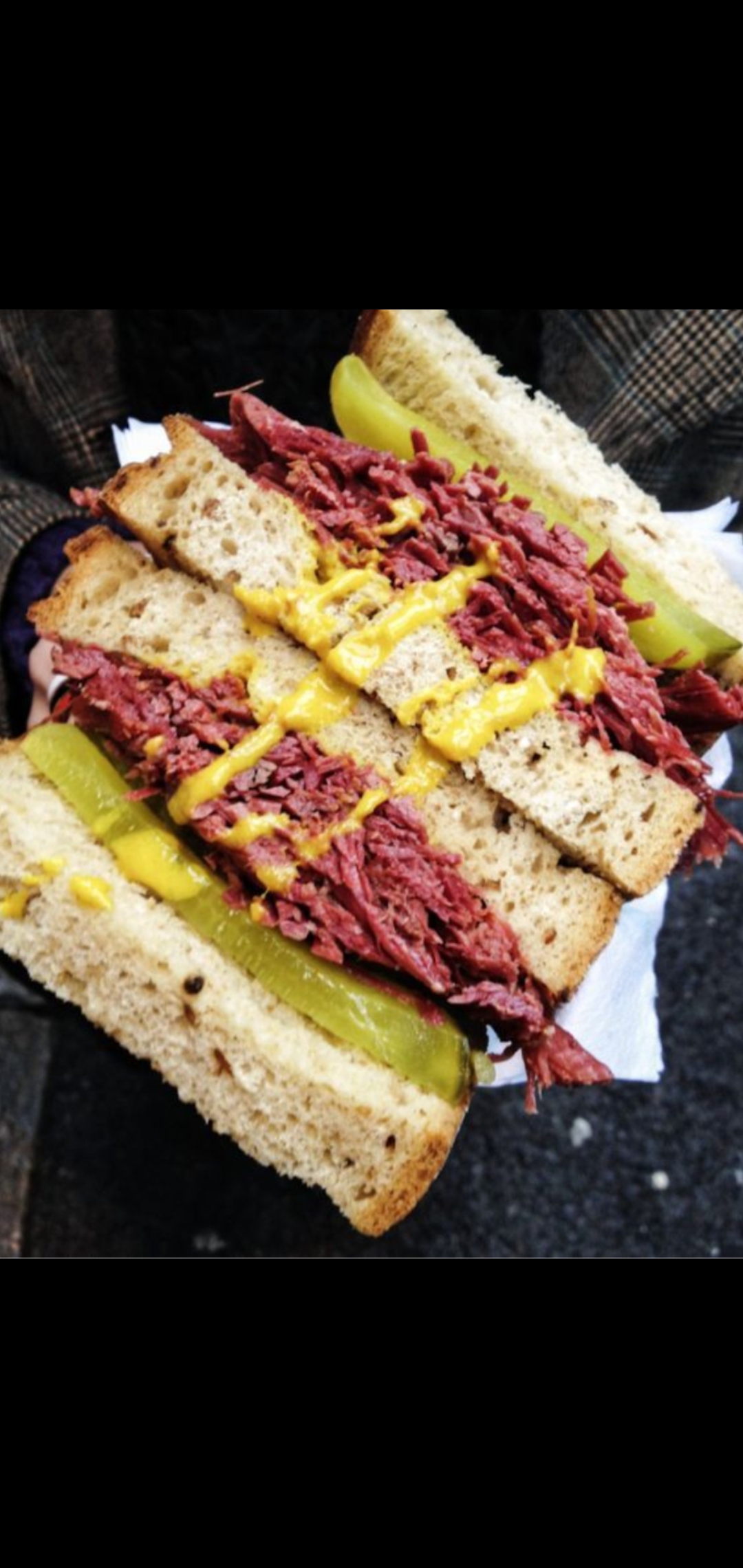 Order New York Style Pastrami Sandwich (pastrami on rye with pickles & mustard) food online from American Gourmet Foods Deli store, New York on bringmethat.com