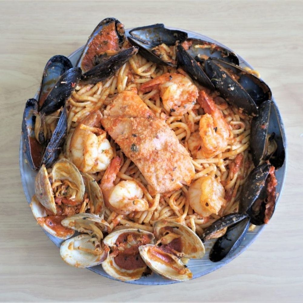 Order Mixed Seafood Platter - Entree food online from Cousins Pizza store, Norwood on bringmethat.com