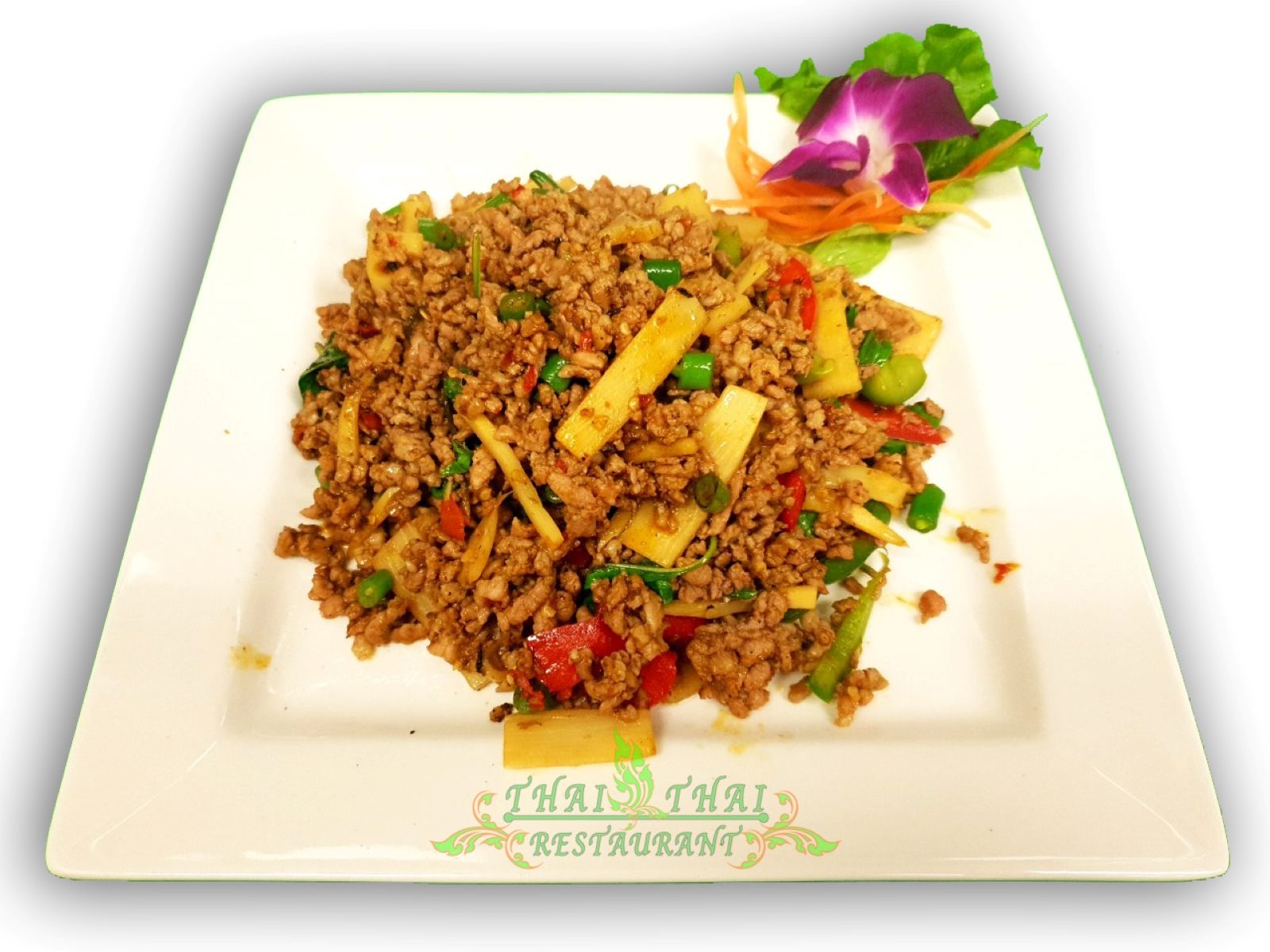 Order E1. Spicey Basil Pad Kha Pow food online from Thai Thai Restaurant store, Fallbrook on bringmethat.com