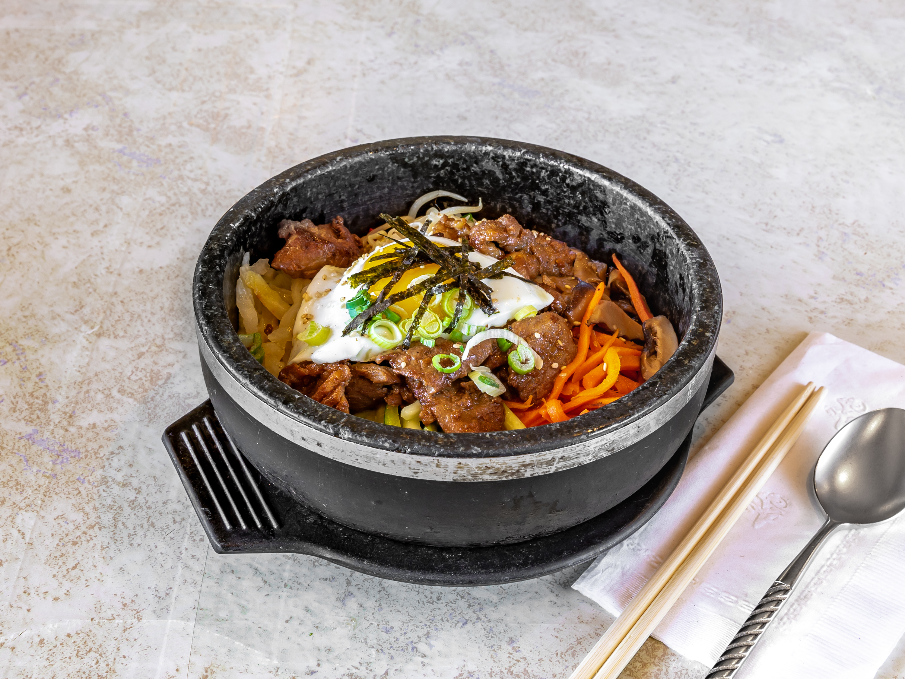 Order Marinated Pork Dolsot Bi Bim Bap 돼지갈비 곱돌 비빔밥 food online from Go Ba Woo store, Tappan on bringmethat.com